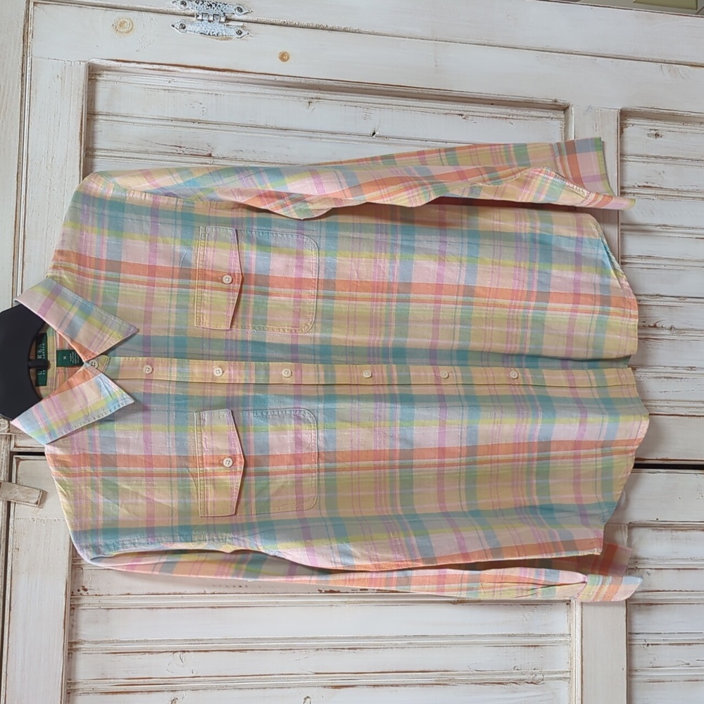 Lauren, Ralph Lauren, Linen blend pastel plaid shirt. Size Medium